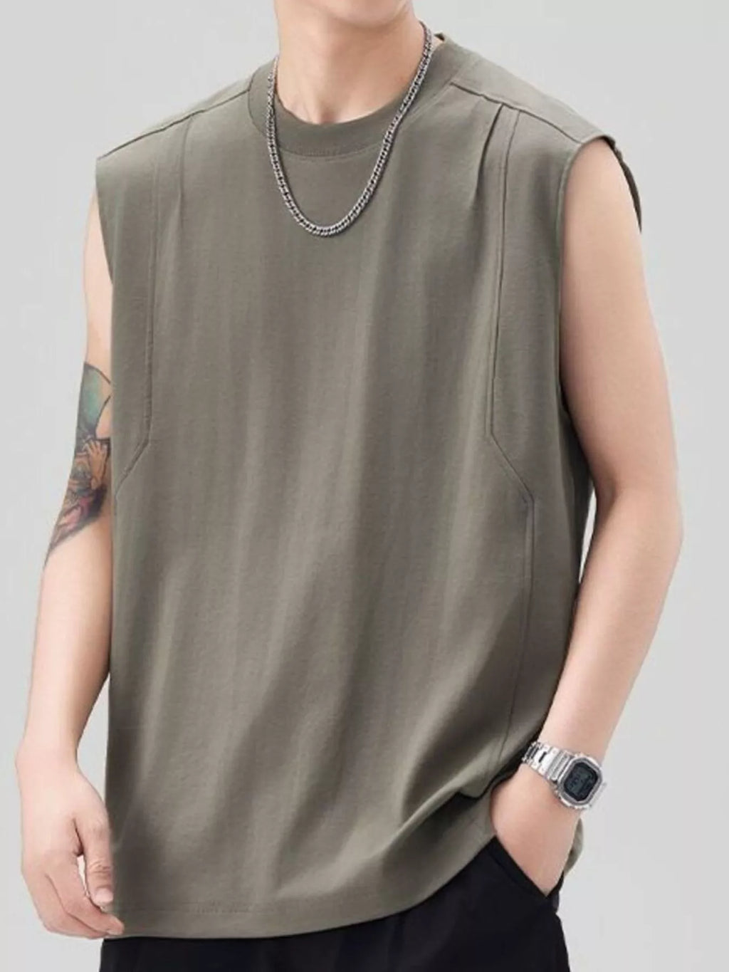 Plus Size Solid Color Casual Tank Top in Grey for Men