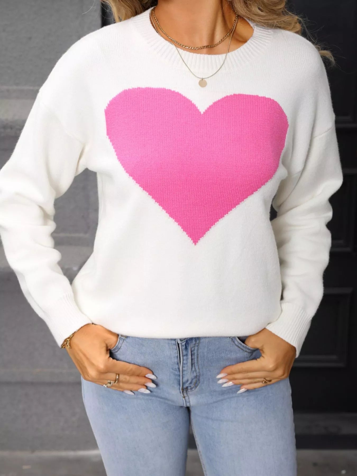 Valentines Day Heart Round Neck Dropped Shoulder Sweater in White in Red for Women