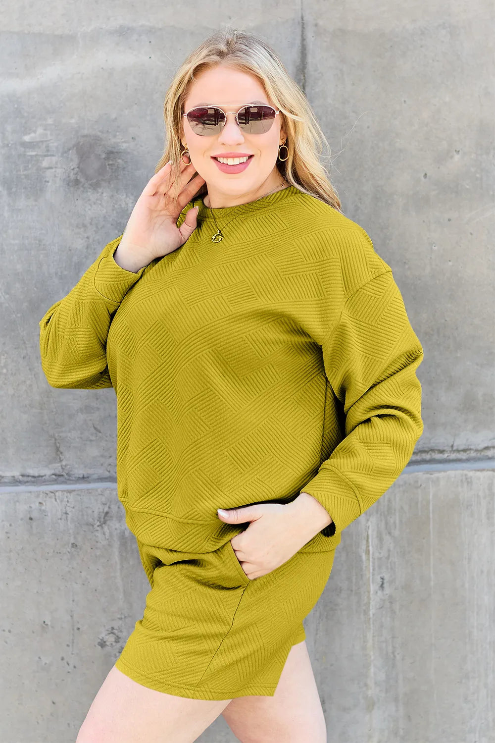 Plus Size Texture Long Sleeve Top and Drawstring Shorts Set in Tan for Women