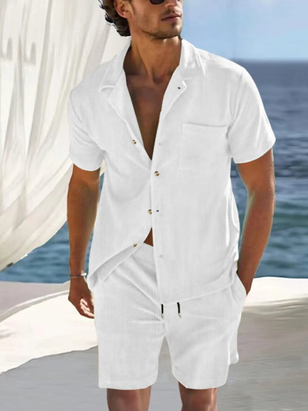 Button Detail Short Sleeve Top and Shorts Set Plus Size in Classic in White for Men