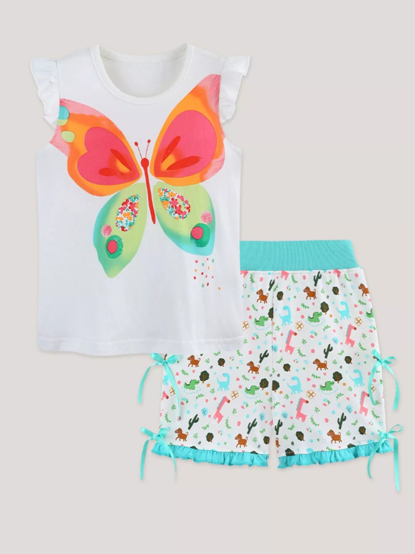 Butterfly Ruffle Sleeve Top and Animal Print Shorts Set in White for Girls