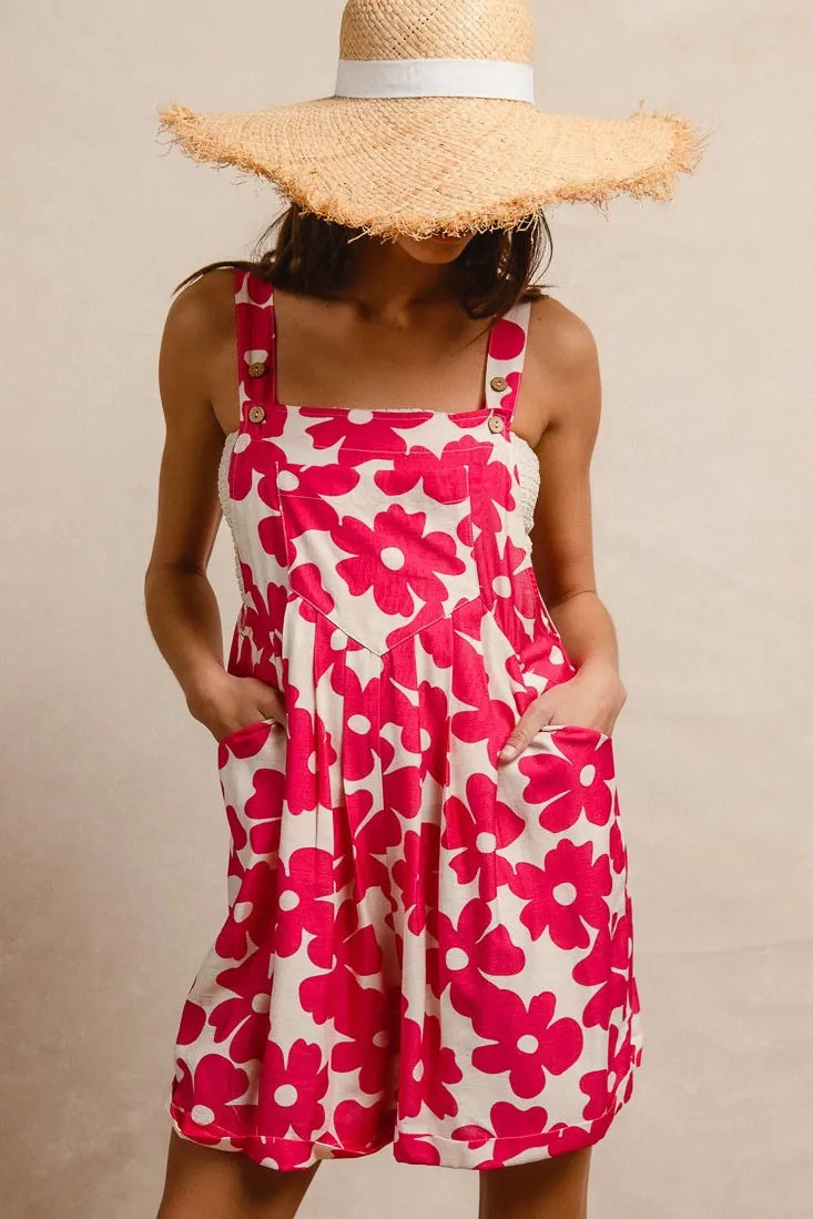 Floral Prints Tuck Detail Short Overall with Pockets for Women