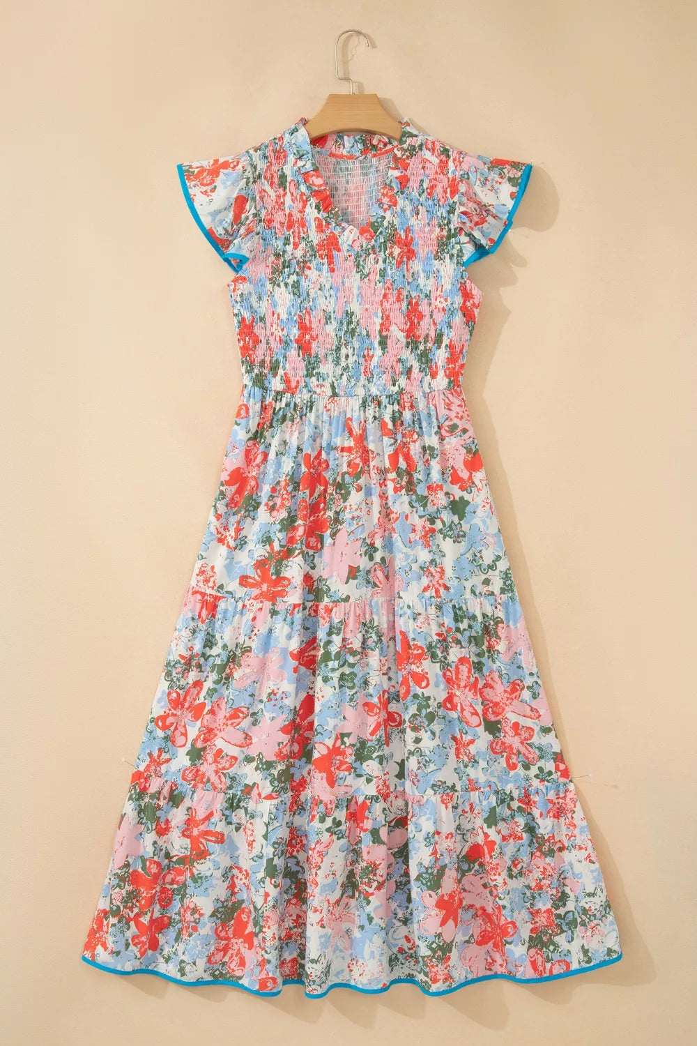 Floral Print V-Neck Contrast Trim Flutter Sleeve Long Dress in Floral for Women