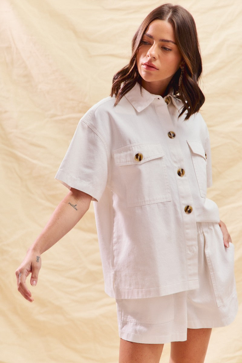 Button Down Denim Game Day Top and Shorts Set in Off White for Women