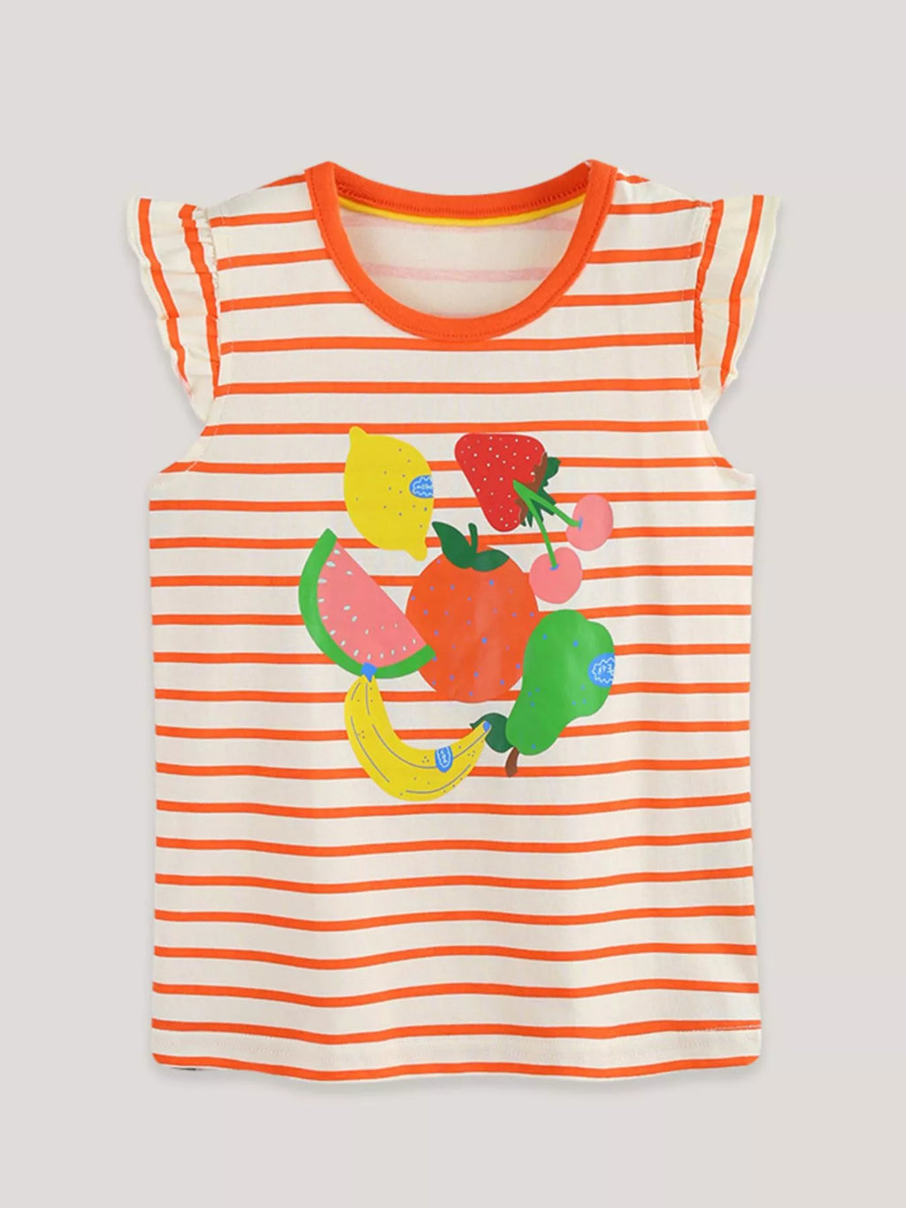 Striped Fruit Print Ruffle Sleeve Tee in Orange for Girls