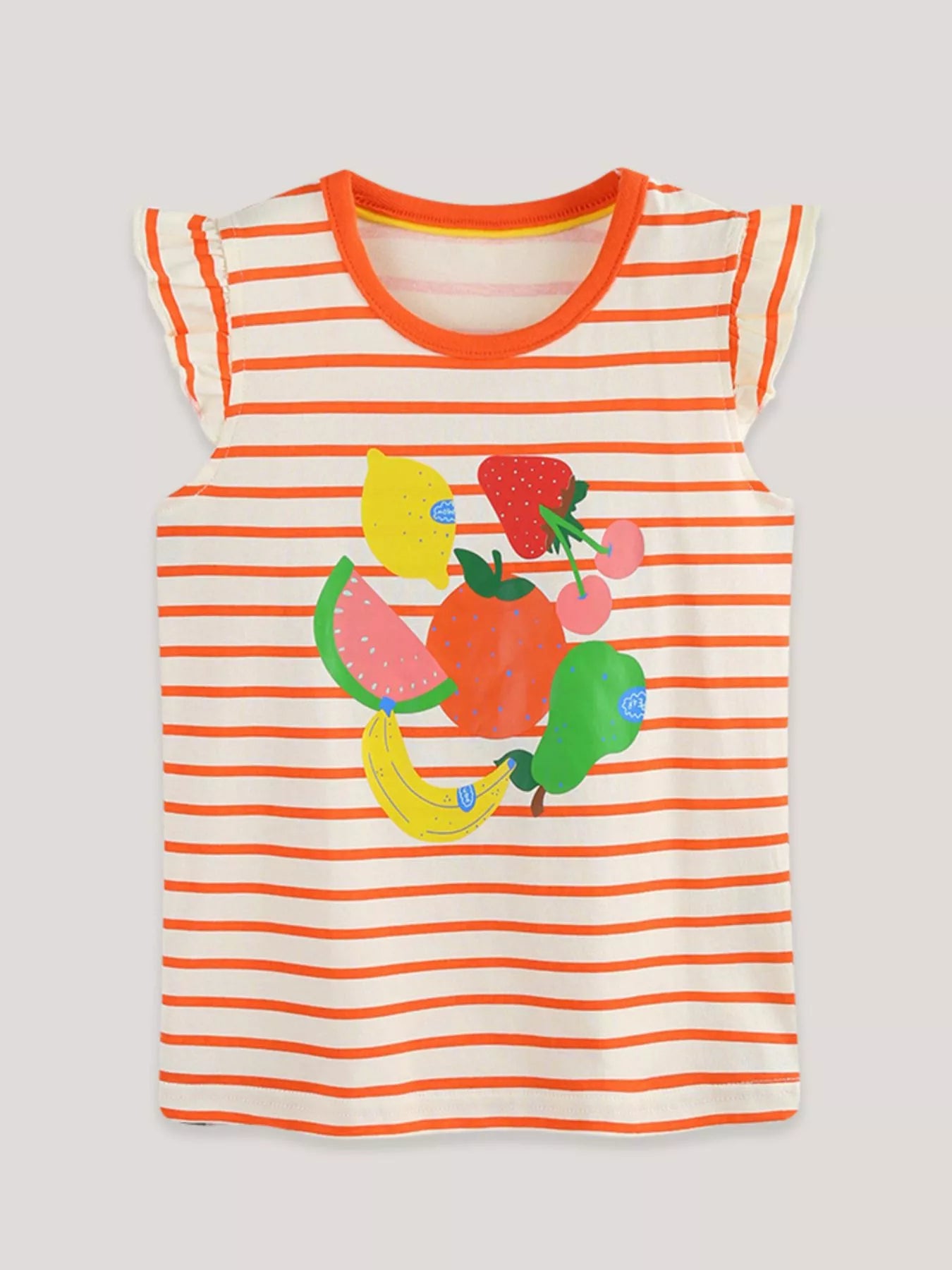 Striped Fruit Print Ruffle Sleeve Tee in Orange for Girls