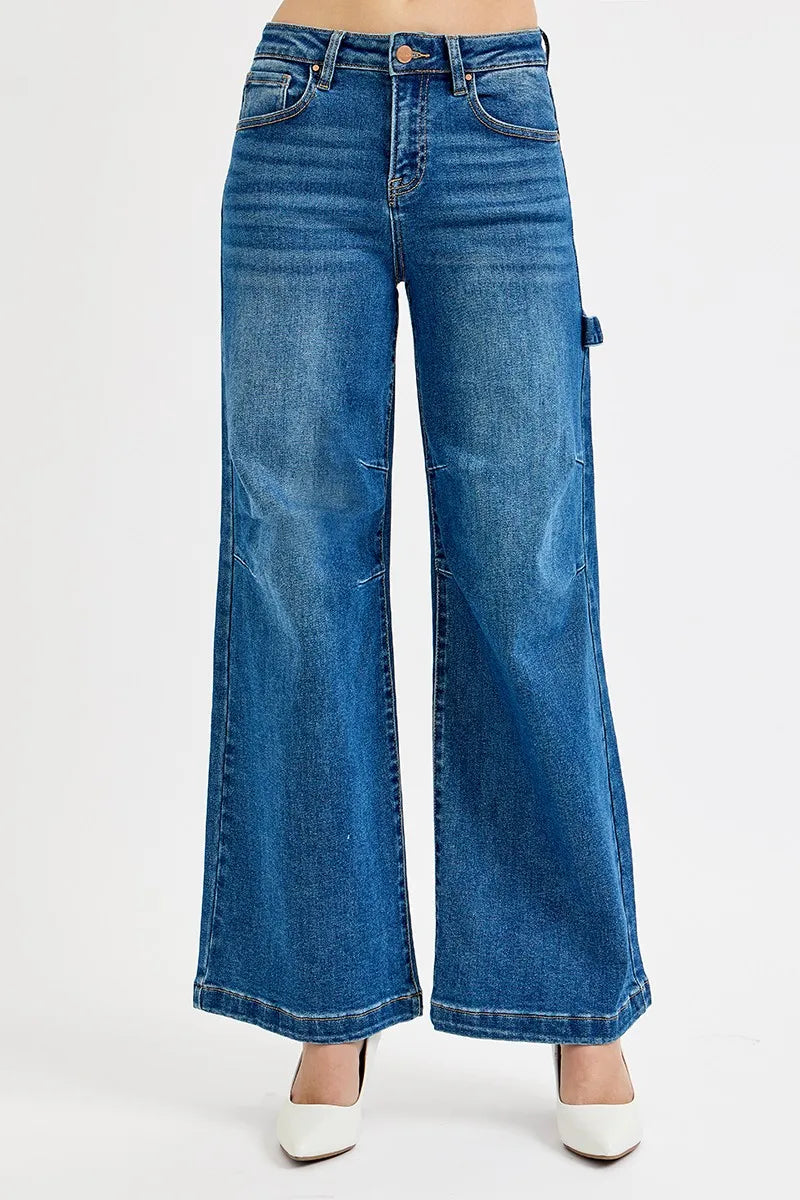 High Rise Wide Leg Patch Detailed Jeans Plus Size in Dark for Women