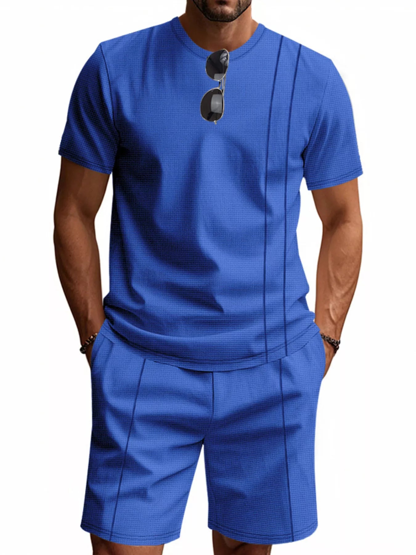 Casual Striped Short Sleeve T-Shirt and Shorts Set Plus Size in Khaki for Men