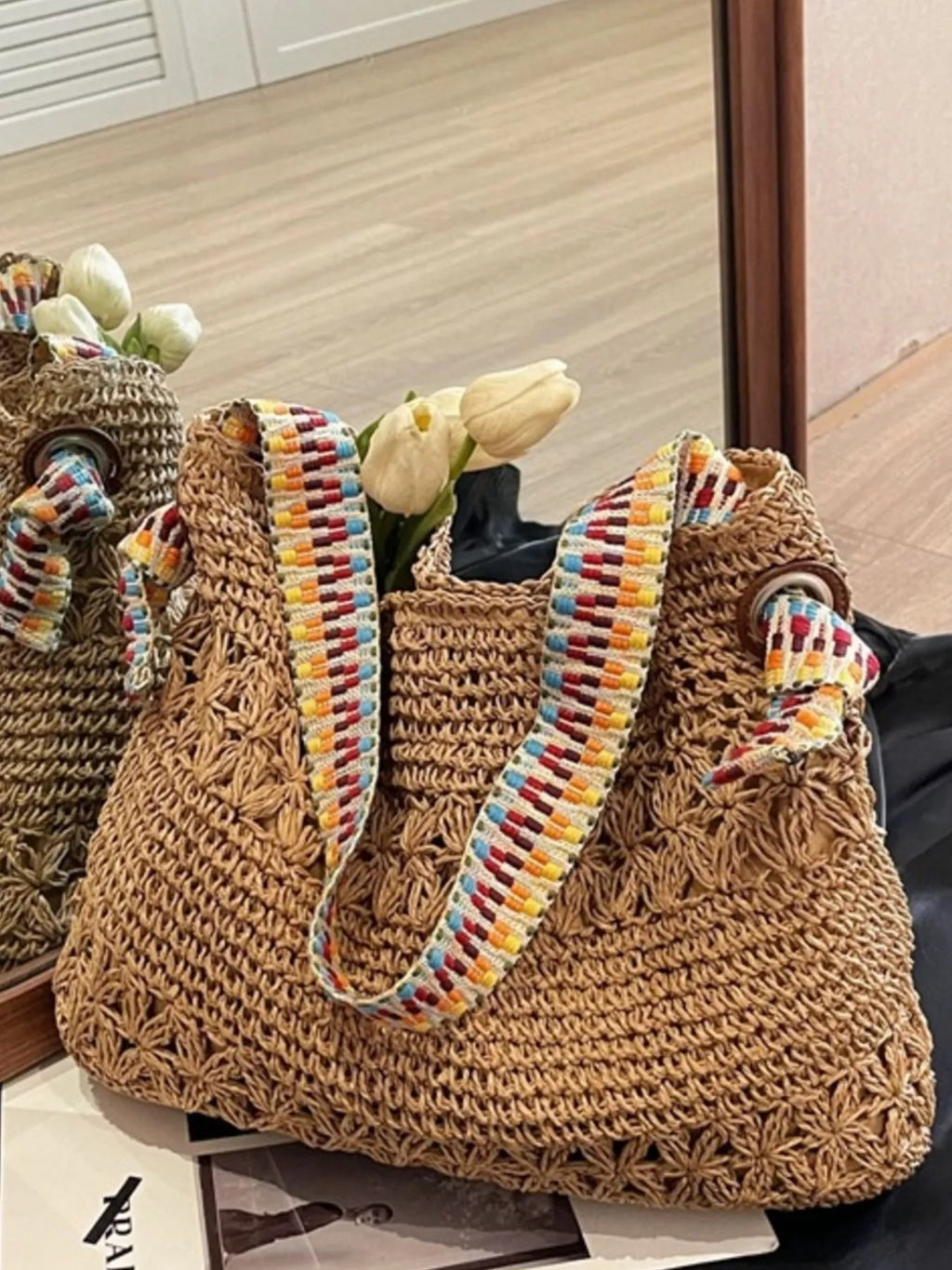 Woven Straw Shoulder Bag in Khaki for Women