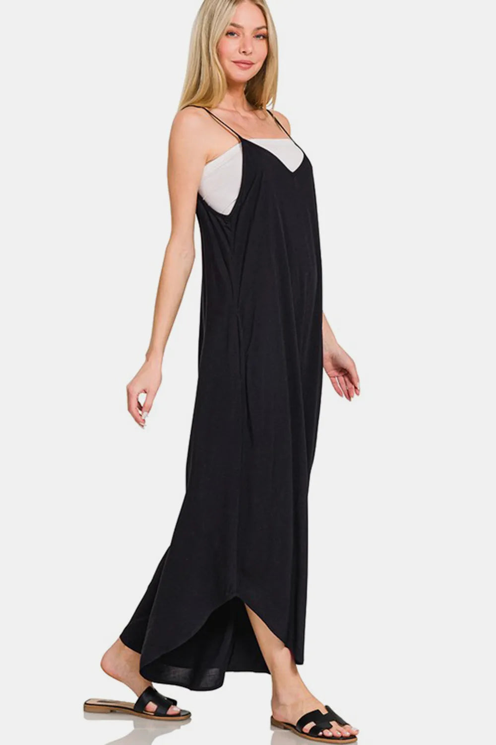 Spaghetti Strap Wide Leg Overalls with Pockets in Black for Women