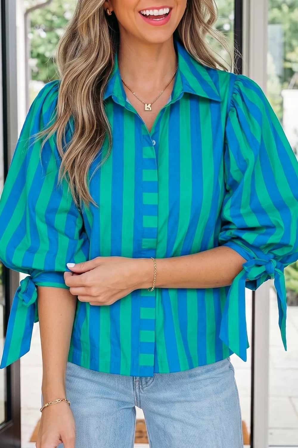 Stripe Tie Puff Sleeve Button Down Shirt in Teal for Women