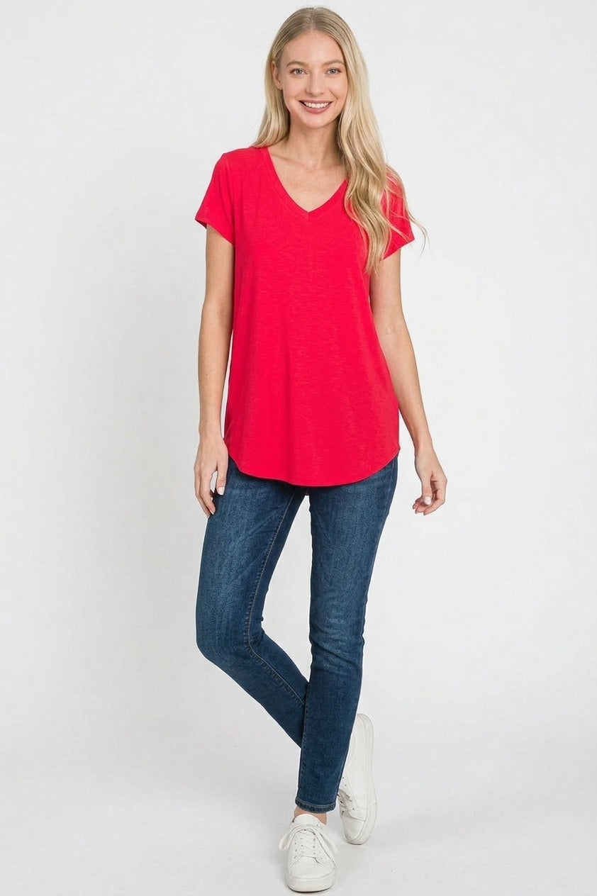 Rayon Short Sleeve V-Neck Round Hem Top in Ruby for Women