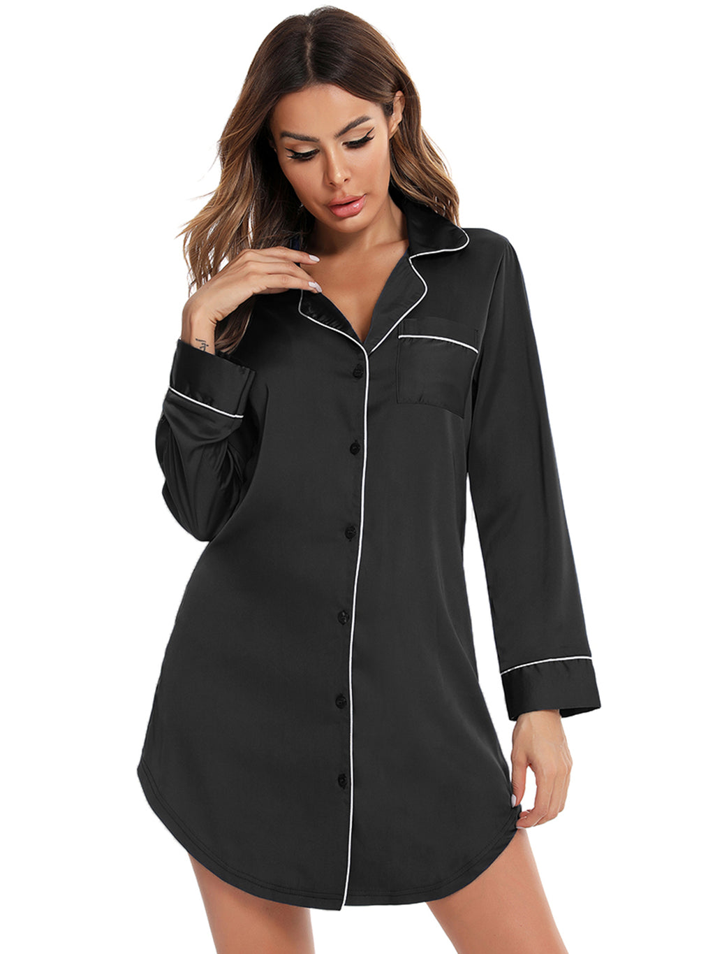 Button Up Lapel Collar Night Dress with Pocket in Black for Women