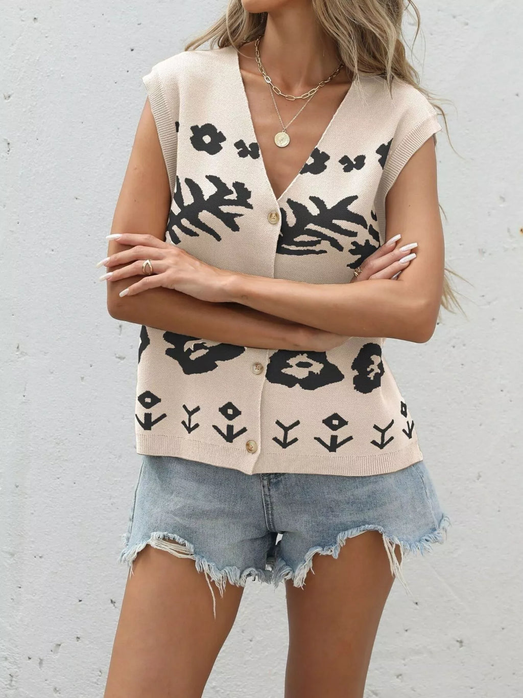 Floral V-Neck Cap Sleeve Cardigan in Brown for Women