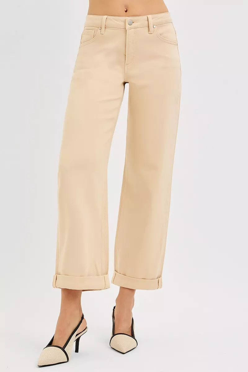 Tummy Control Mid Rise Ankle Barrel Relaxed Baggy in Butter Milk for Women