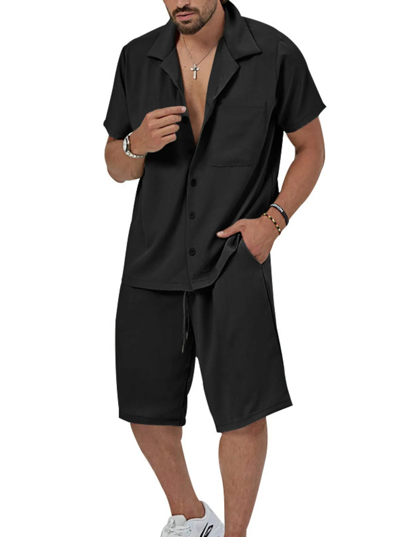 Plus Size Button Up Short Sleeve Shirt and Shorts Set in White for Men