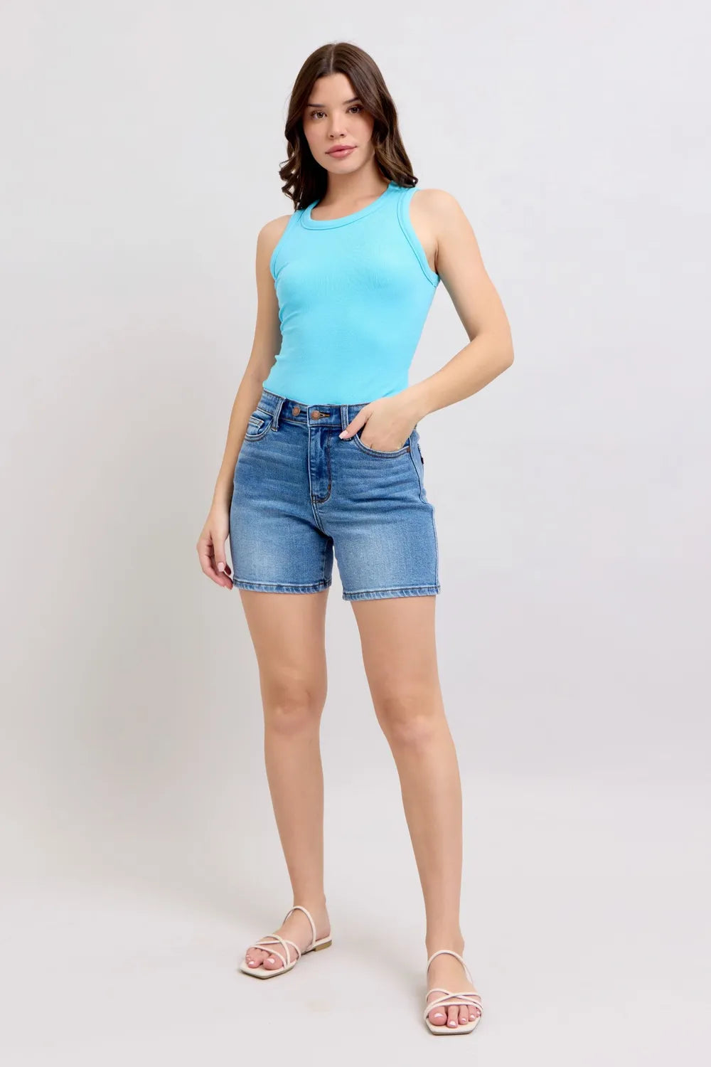 2 Button Denim Shorts with Pockets Plus Size in Medium for Women