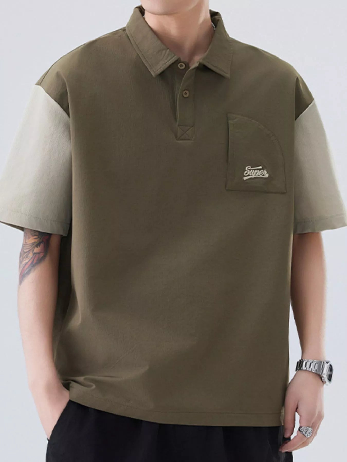 Plus Size Button Detail Short Sleeve Casual Polo in Green for Men