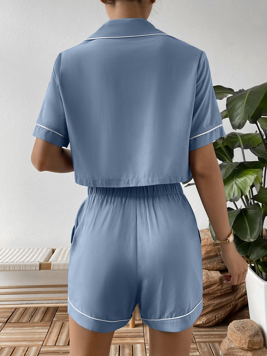 Ivy Lane Contrast Lapel Collar Cropped Shirt and Shorts Lounge Set in Light Blue for Women