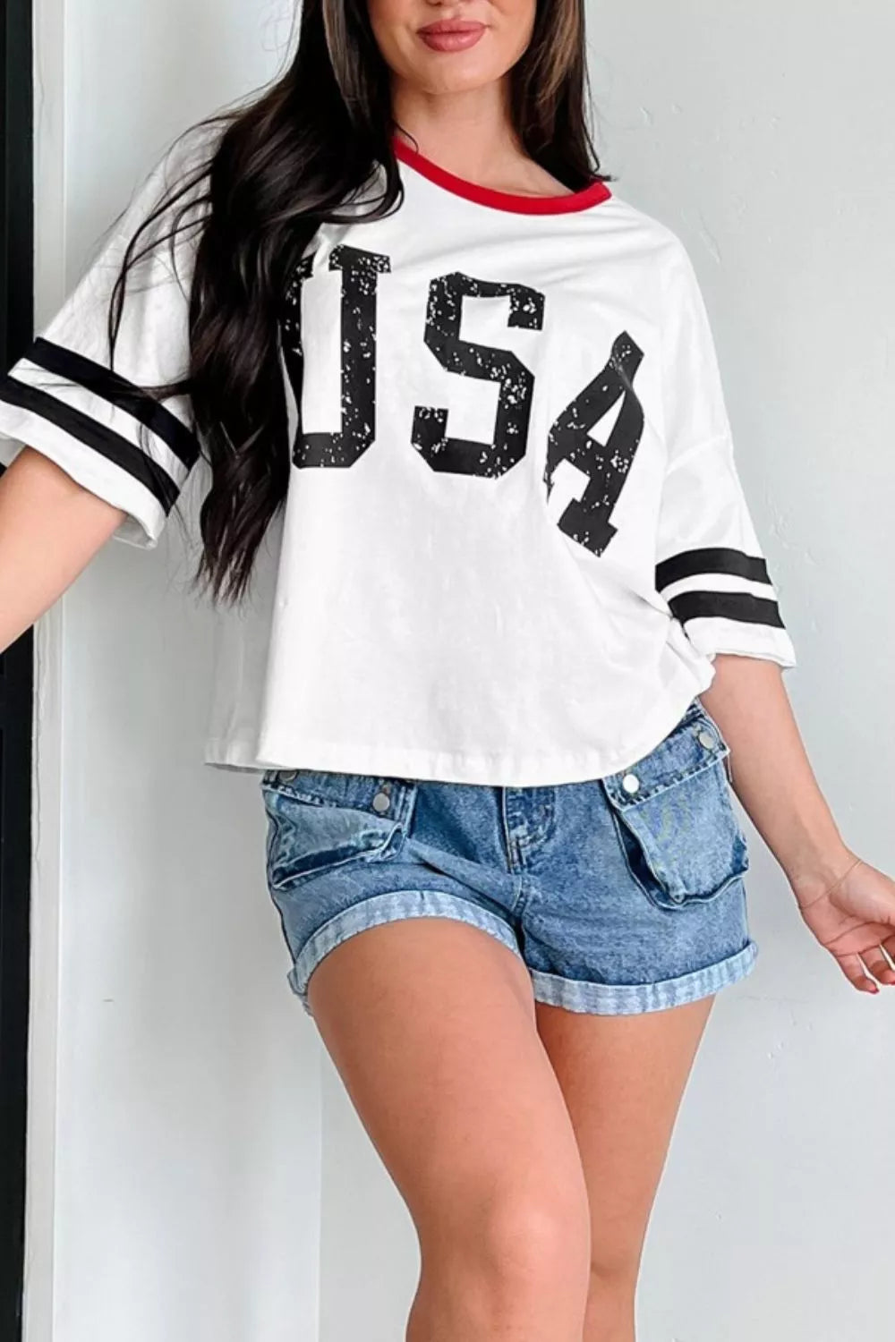 USA Letter Printed Varsity Striped Sleeve Round Neck Tee in White for Women