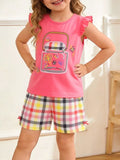 Cartoon Graphic Ruffle Trim Tee & Plaid Shorts Set in Multicolor for Girls