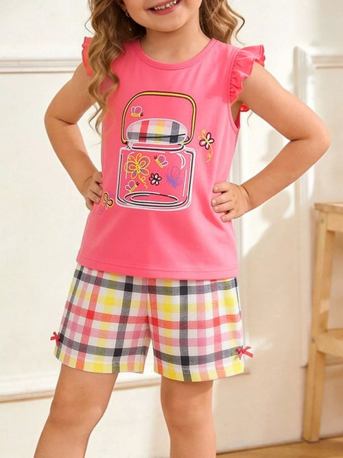 Cartoon Graphic Ruffle Trim Tee & Plaid Shorts Set in Multicolor for Girls