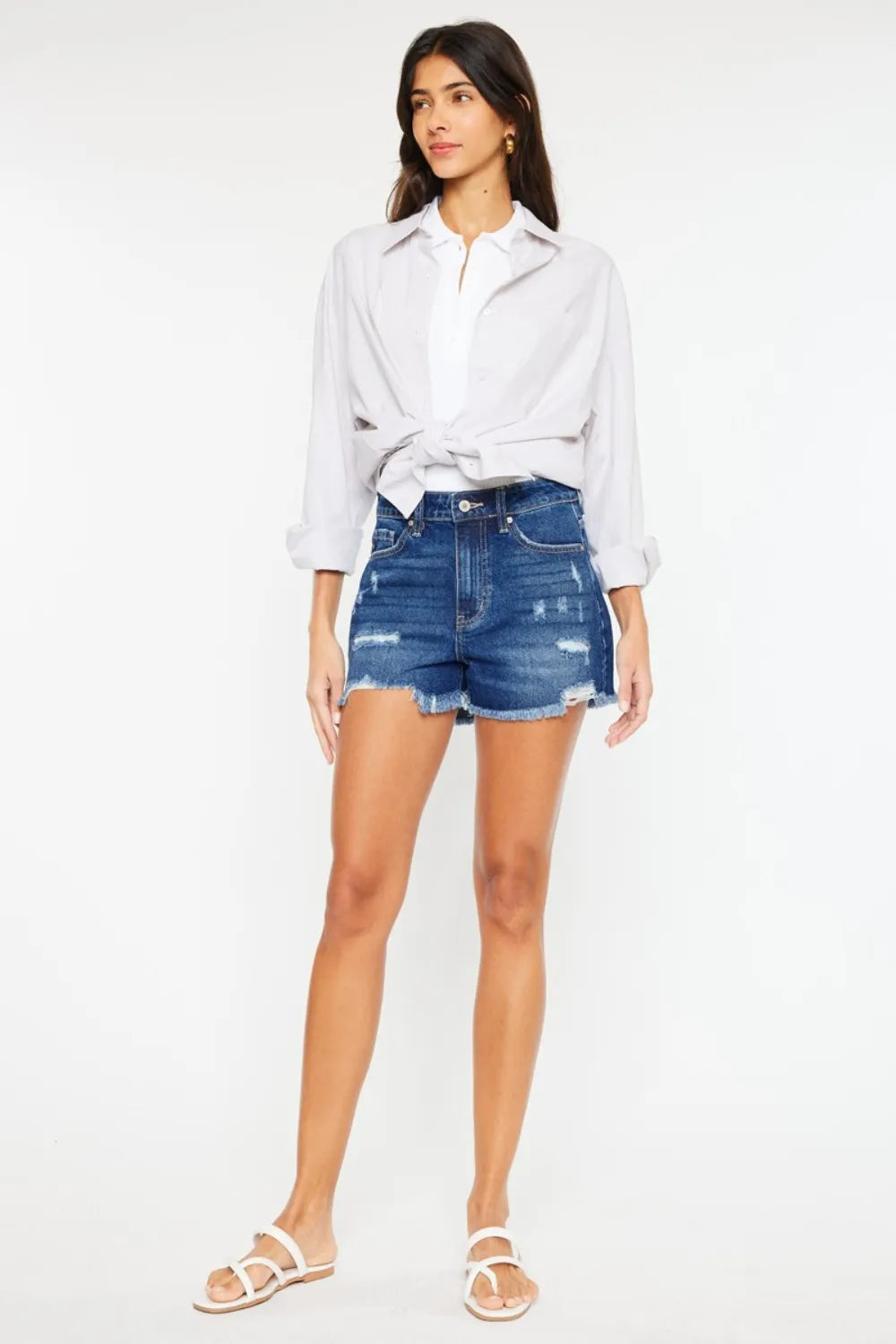 High Rise Frayed Hem Denim Shorts in Dark for Women