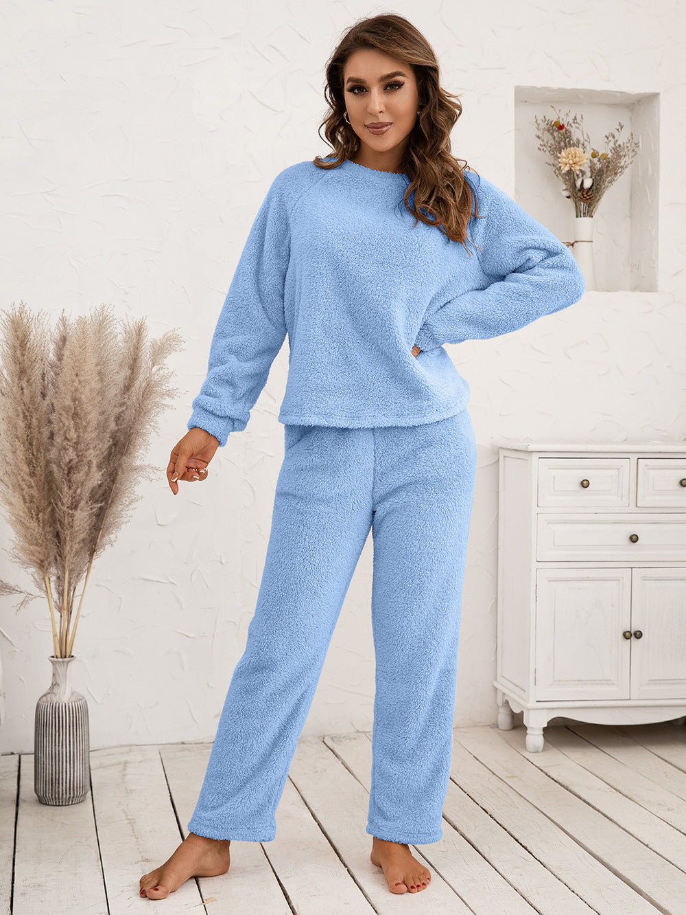Ivy Lane Teddy Long Sleeve Top and Pants Lounge Set in Light Gray for Women