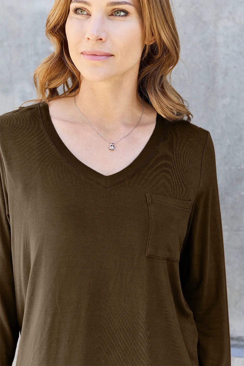 Plus Size V-Neck Long Sleeve Top in Mocha for Women