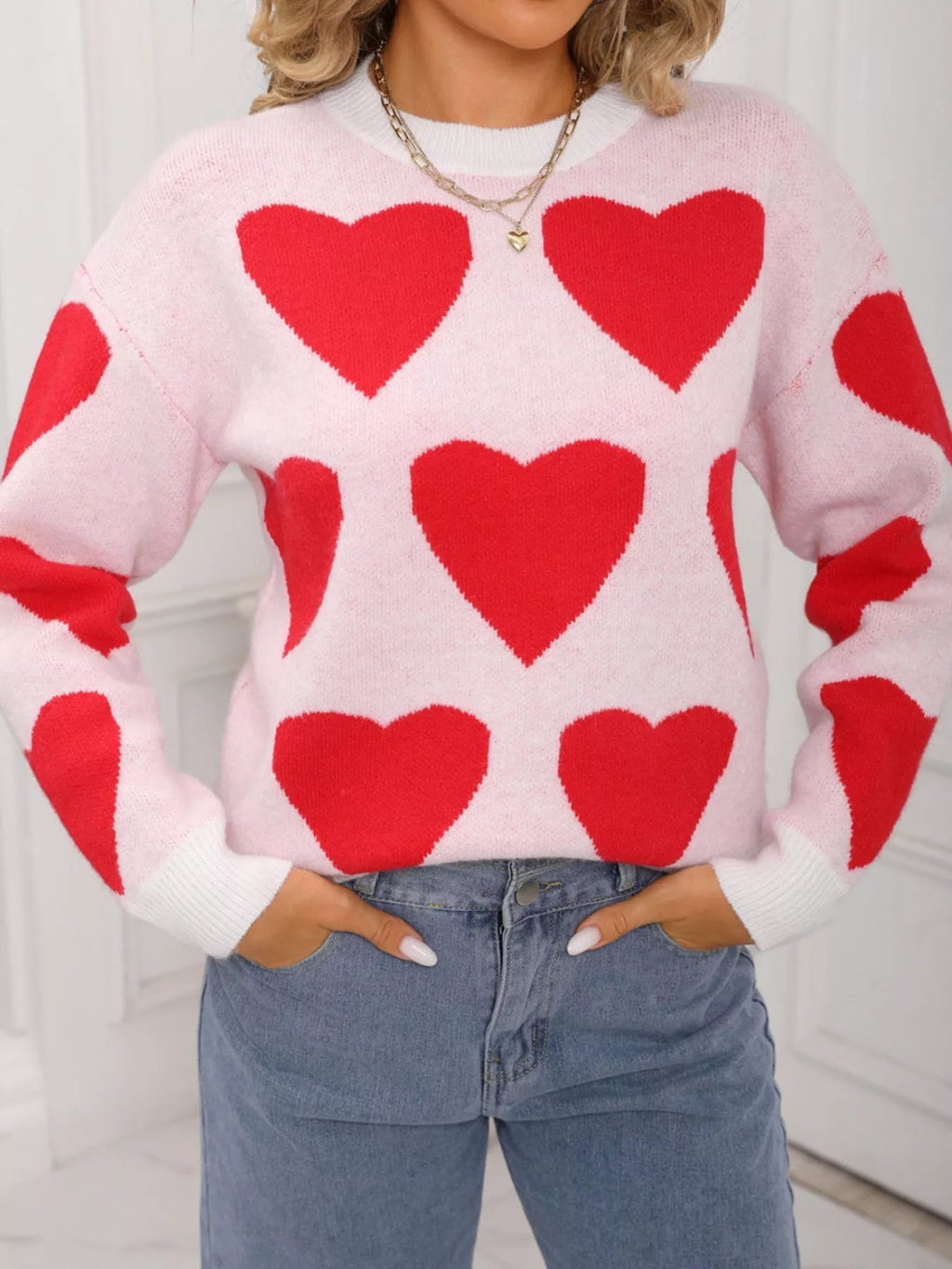 Valentines Day Heart Round Neck Knitted Sweater in White for Women