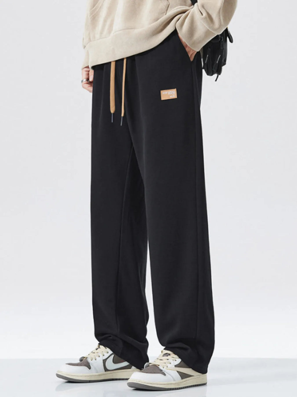 Drawstring Wide Leg Pants Plus Size in Relaxed in Black for Men