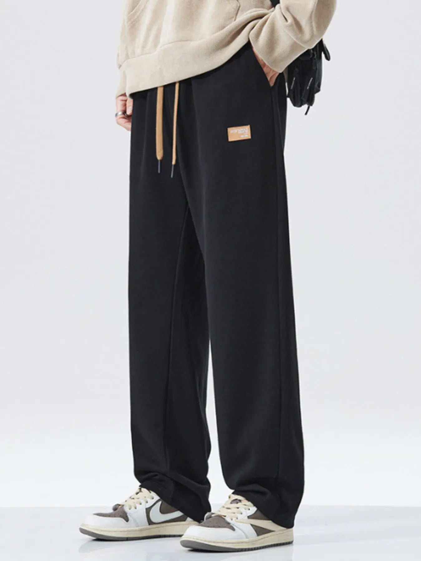 Drawstring Wide Leg Pants Plus Size in Relaxed in Black for Men