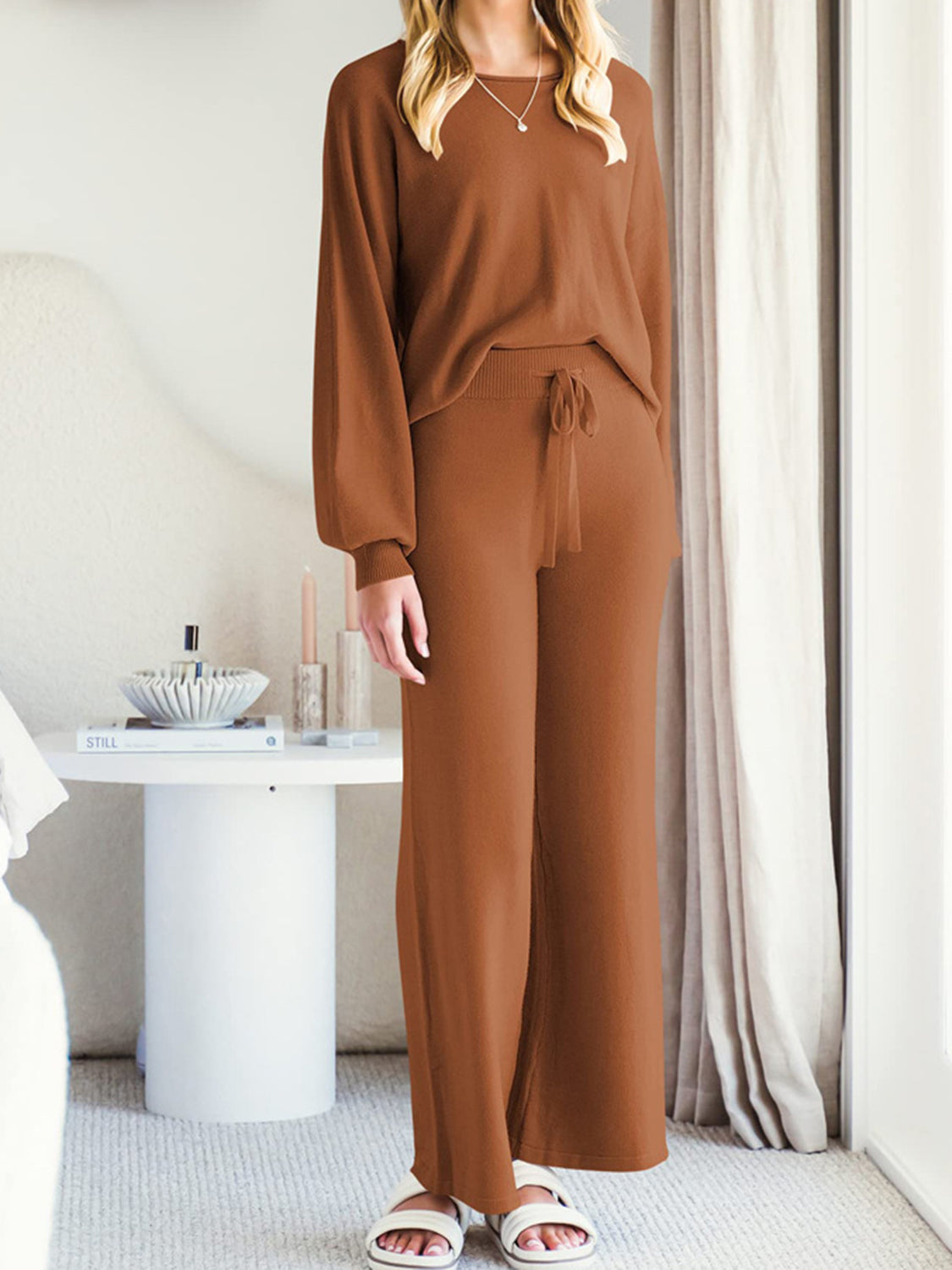 Long Sleeve Lounge Top and Drawstring Pants Set in Light Gray for Women