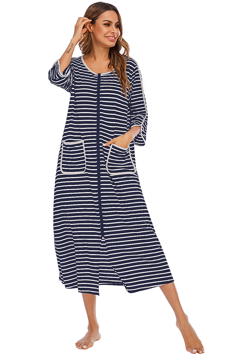 Round Neck Three-Quarter Sleeve Midi Night Dress in Navy for Women