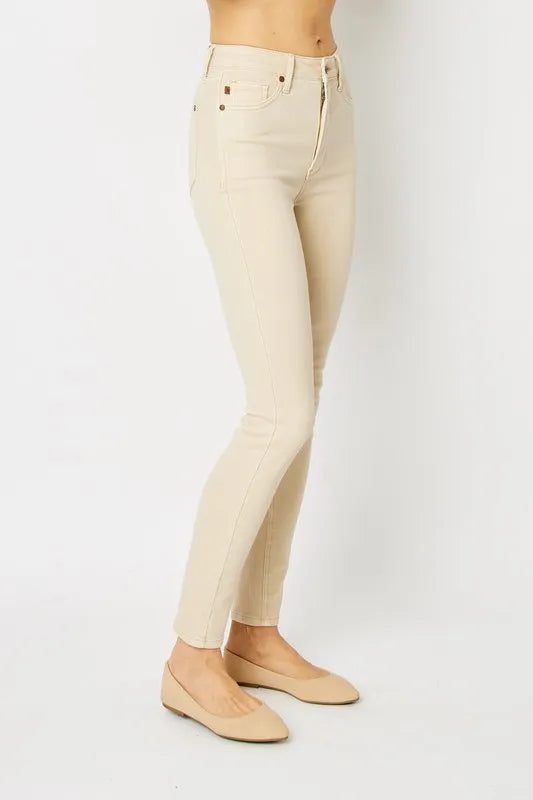 Plus Size Garment Dyed Tummy Control Skinny Jeans in Bone for Women