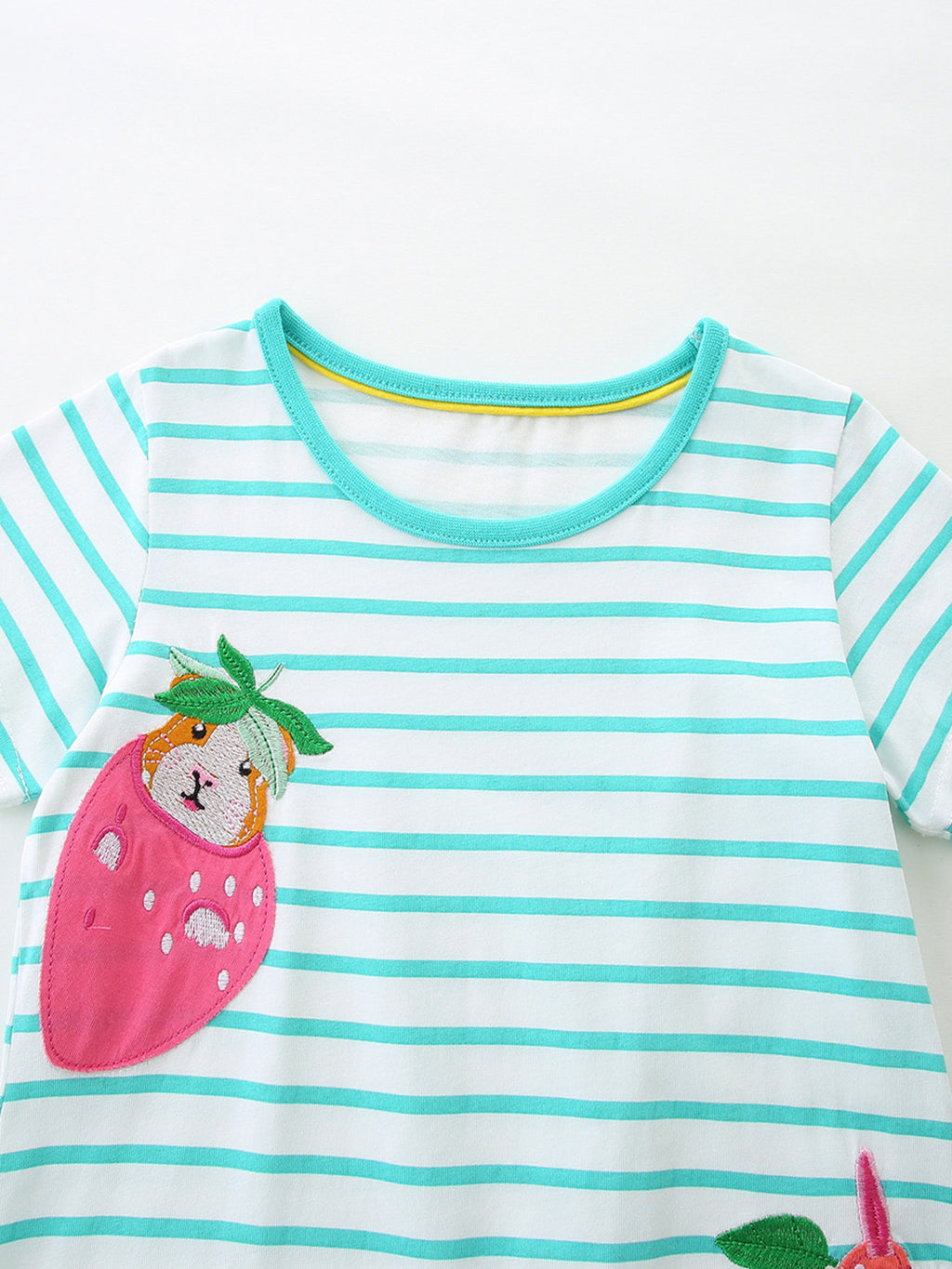 Animal Embroidered Striped Casual Dress in Mint Blue for Girls