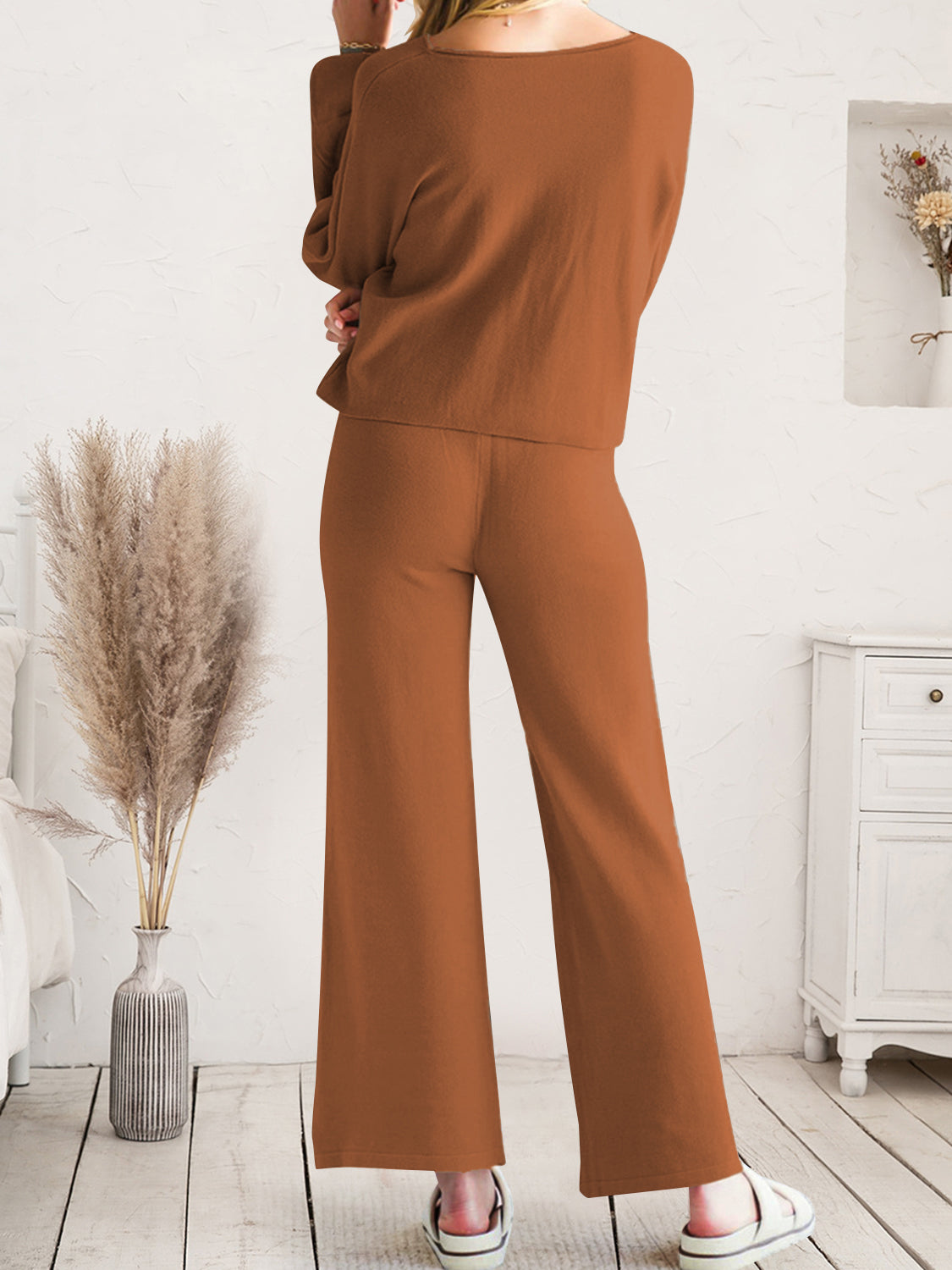 Long Sleeve Lounge Top and Drawstring Pants Set in Light Gray for Women
