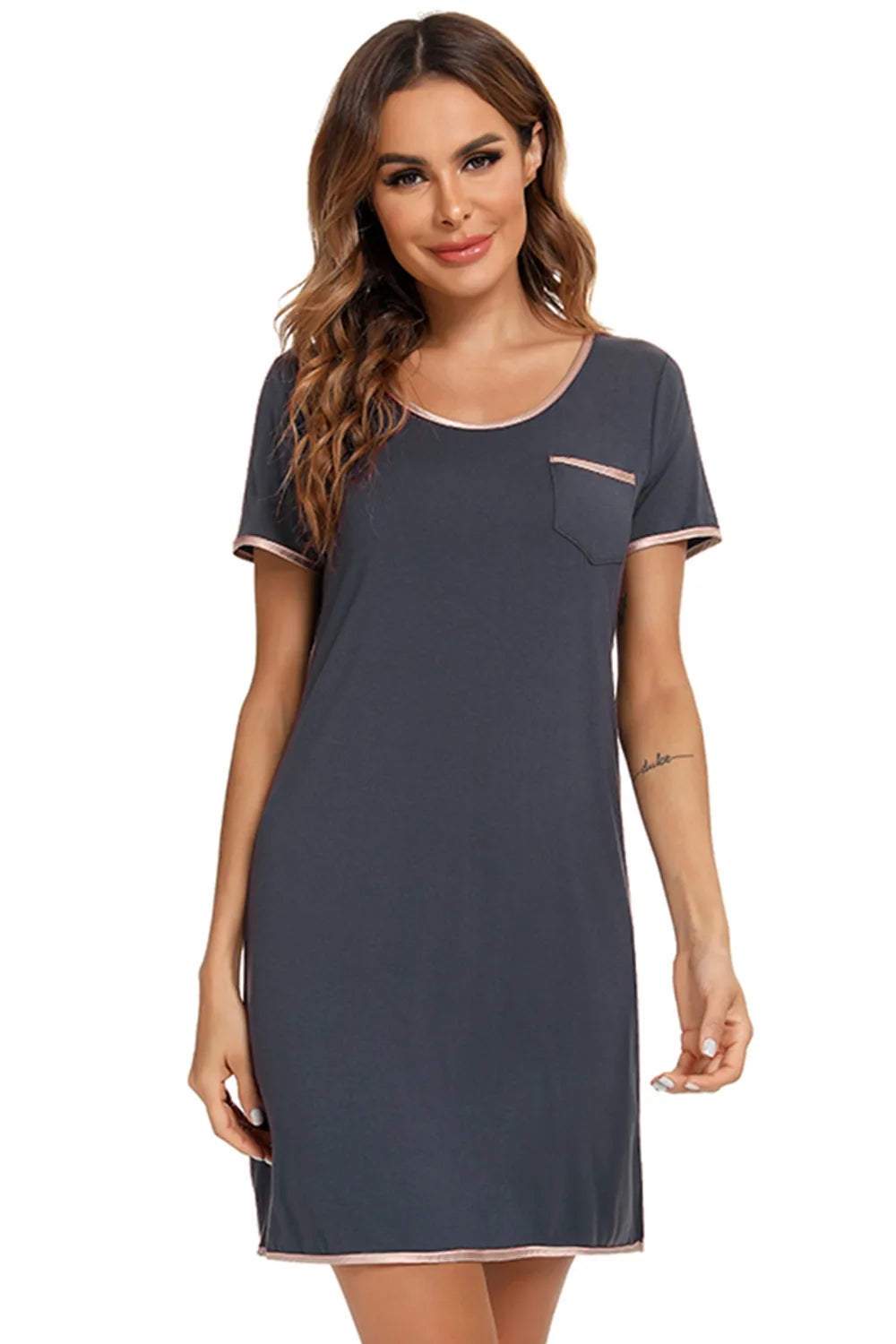 Contrast Trim Pocketed Round Neck Lounge Dress in Dark Gray for Women