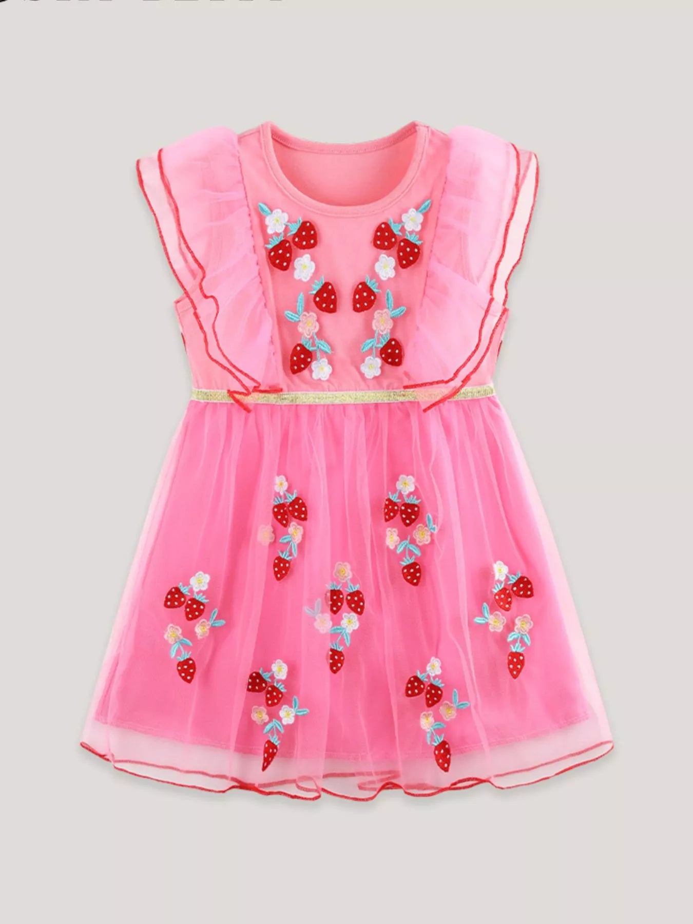 Strawberry Embroidered Ruffle Sleeve Tulle Dress in Fuchsia Pink for Girls