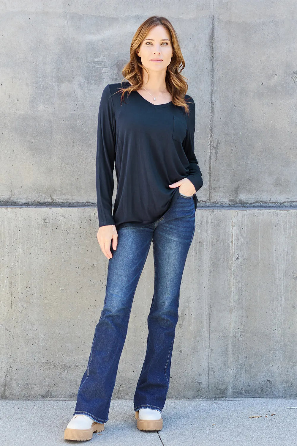 Plus Size V-Neck Long Sleeve Top in Black for Women