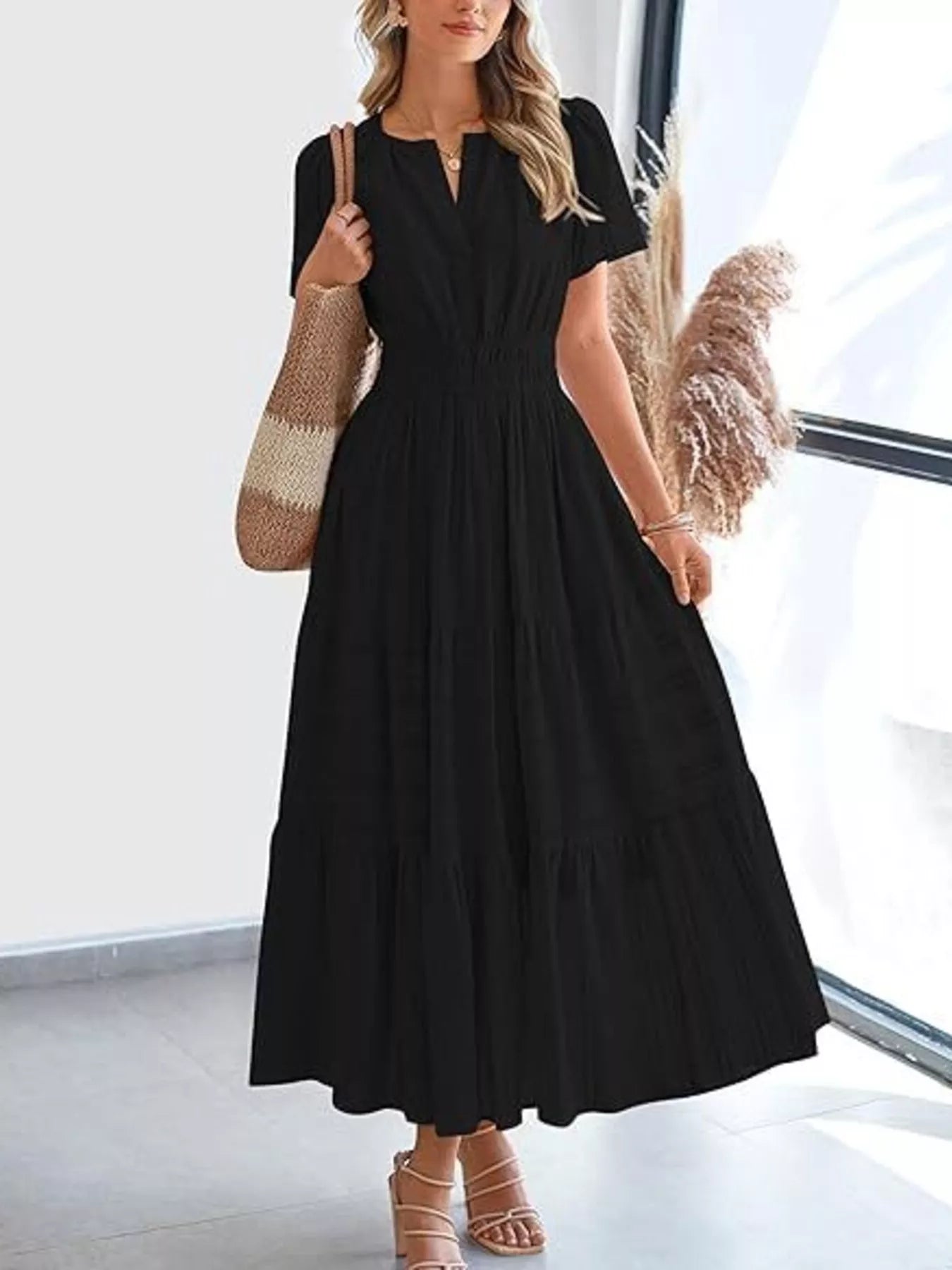 Plus Size Short Sleeve Tiered Midi Dress in White for Women