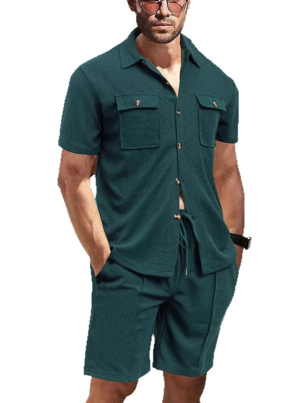 Button Down Short Sleeve Top and Shorts Set Plus Size in Black for Men