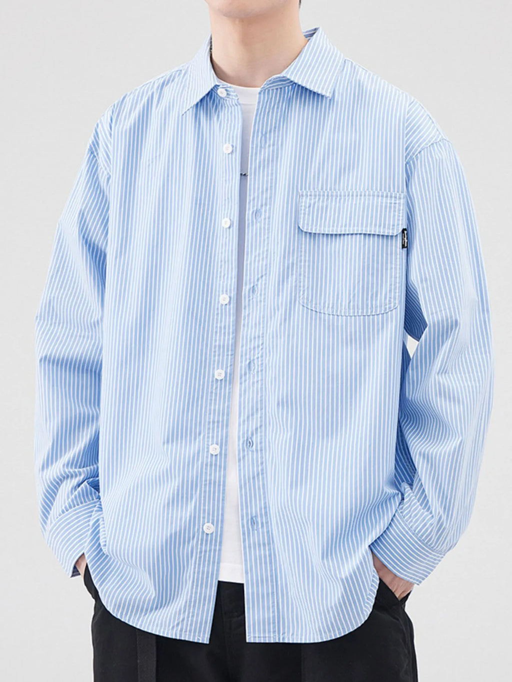 Plus Size Striped Button Up Long Sleeve Shirt in Blue for Men