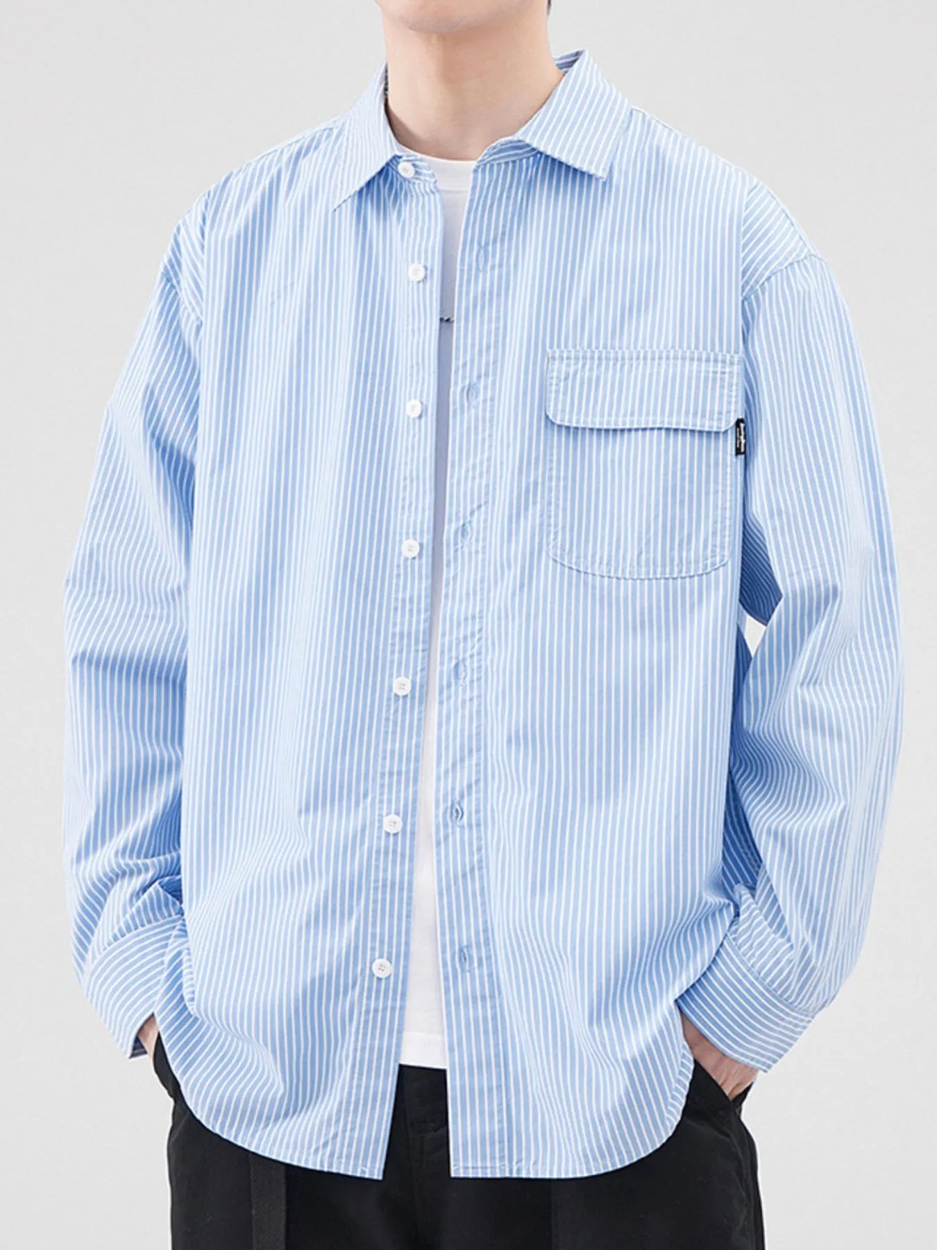 Plus Size Striped Button Up Long Sleeve Shirt in Blue for Men