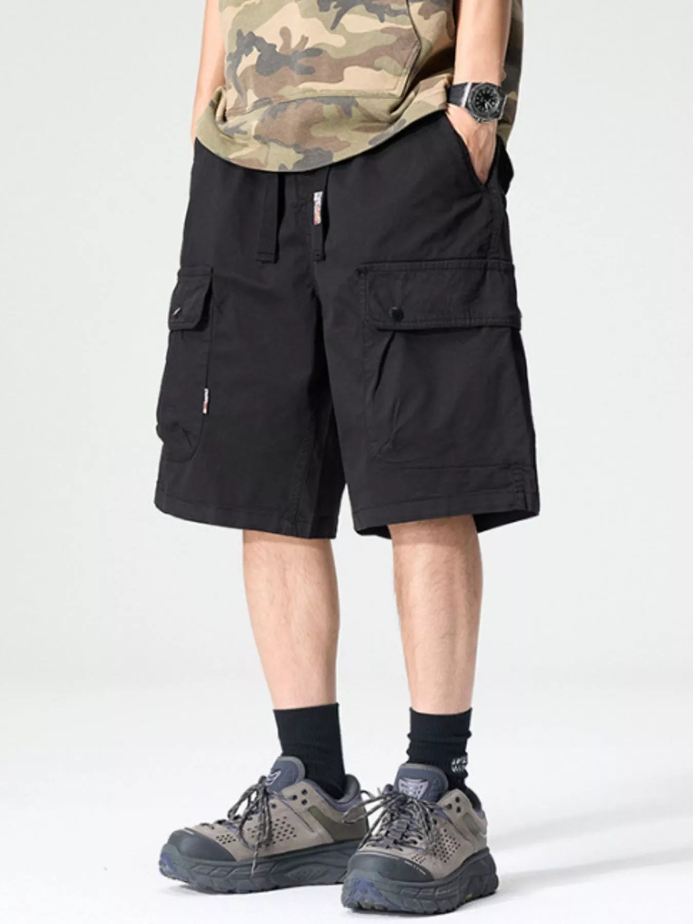 Drawstring Loose Fit Shorts Plus Size in Black for Men