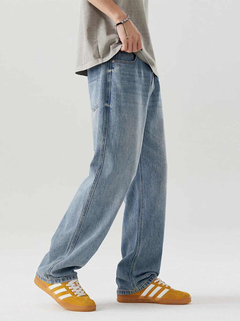 Casual Loose Fit Wash Jeans in Light Blue for Men