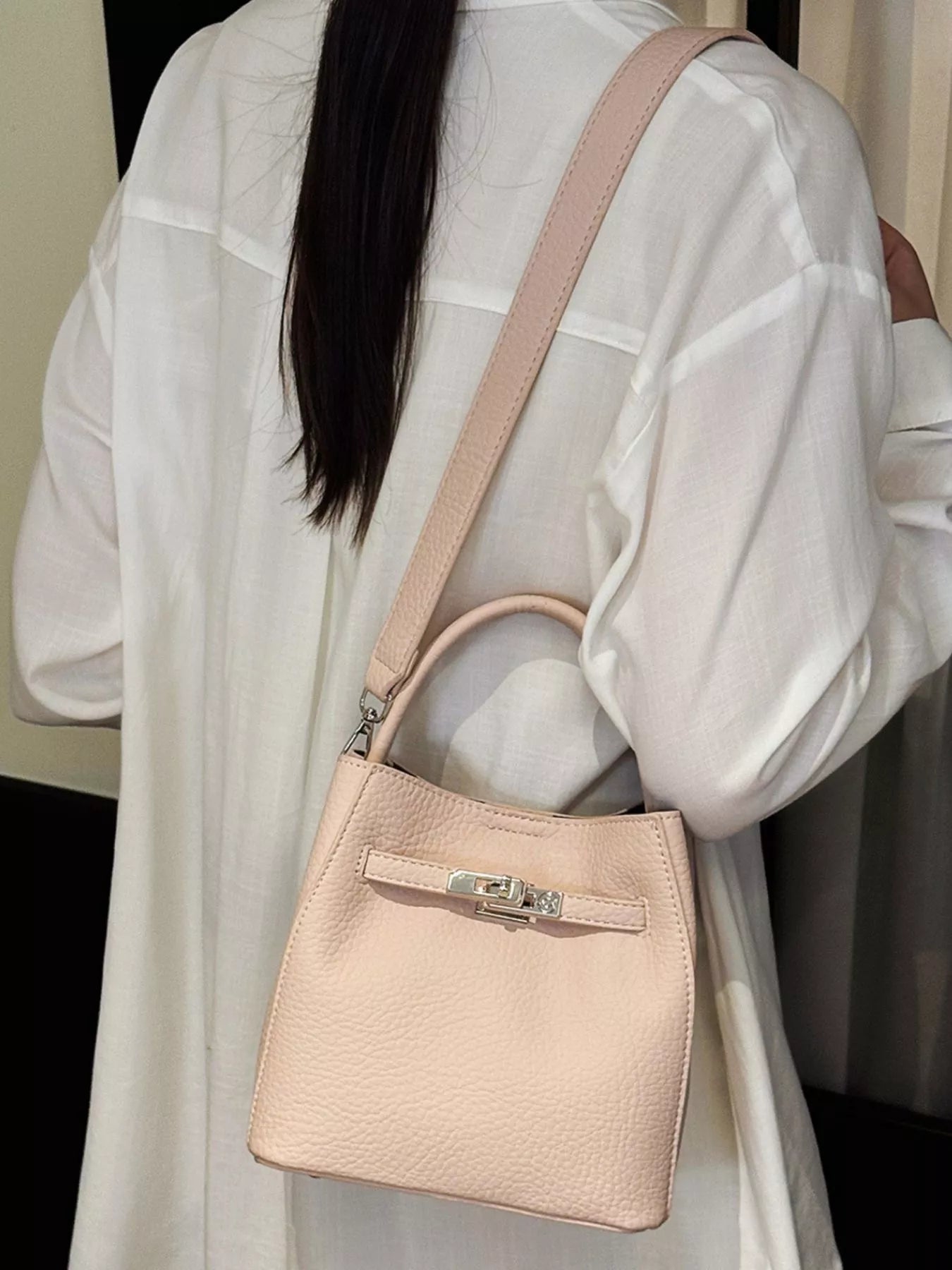 Leather Bucket Crossbody Bag in Blush Pink for Women