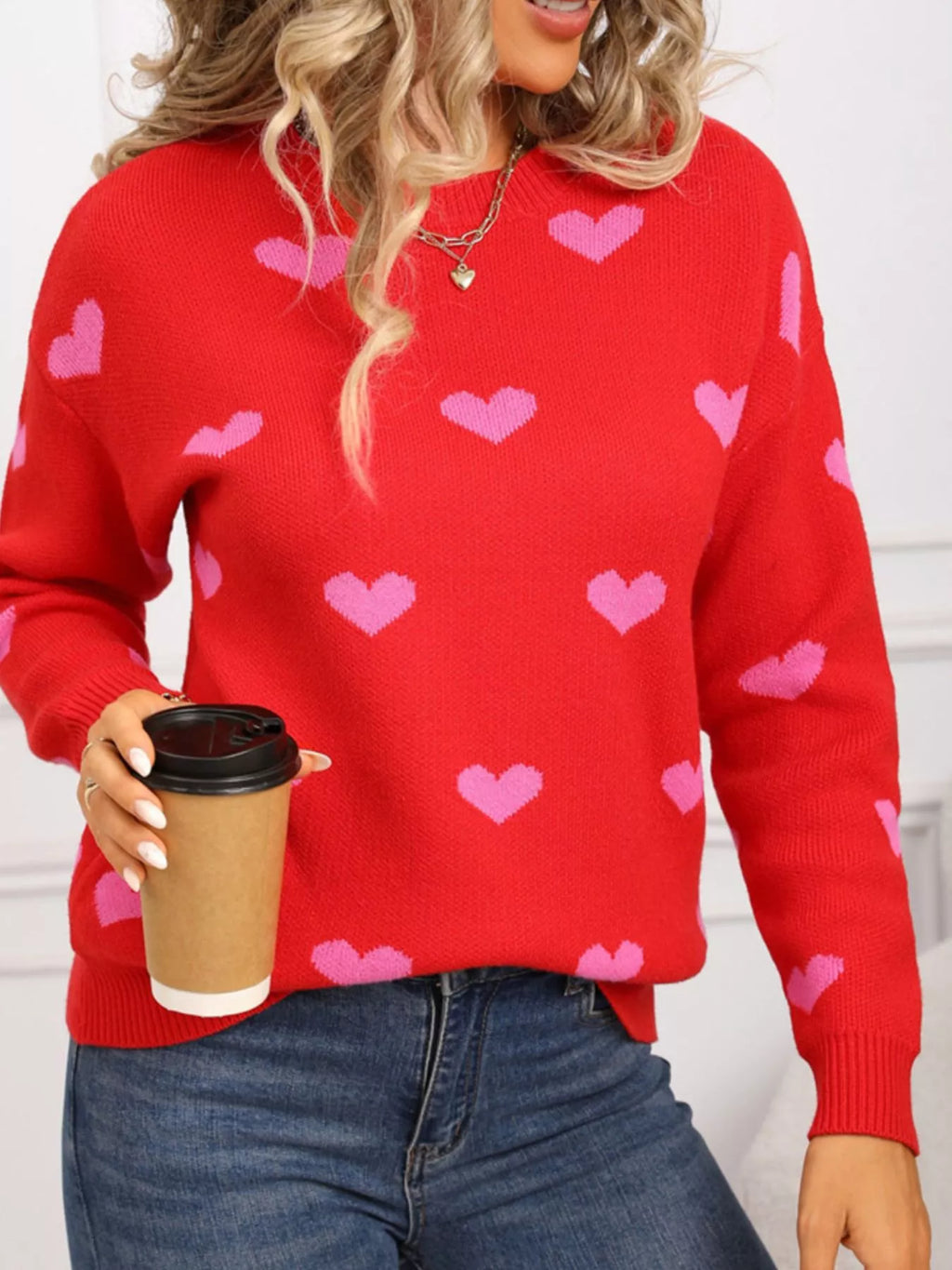 Valentines Day Heart Pattern Dropped Shoulder Sweater for Women