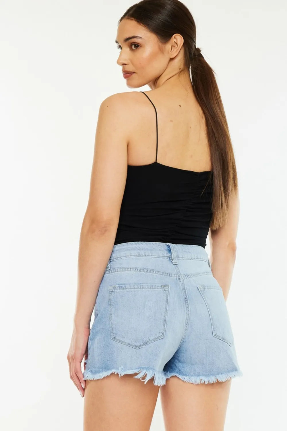 Raw Hem Distressed High Waist Denim Shorts in Light for Women