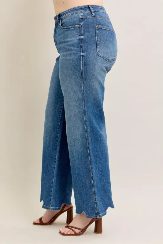 High Waist Tummy Control Chew Hem Destroy Wide Jeans Plus Size for Women